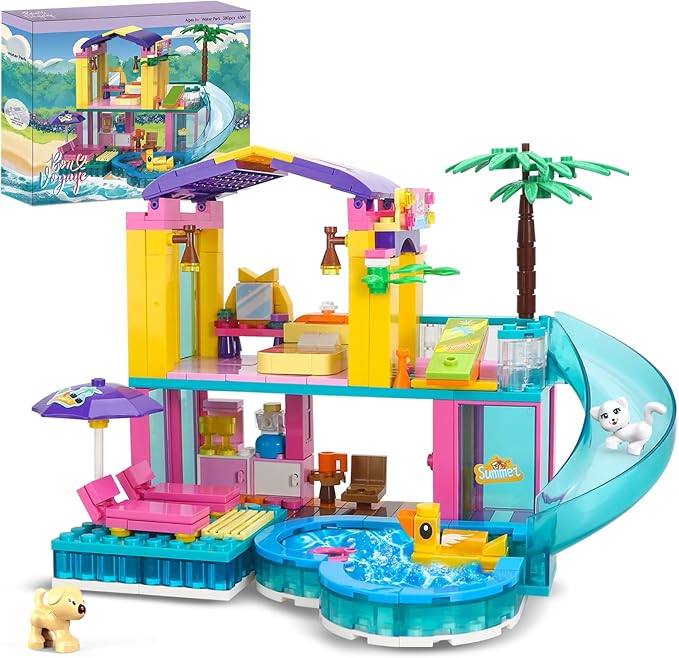 Dream Girls Friends Beach House Building Set 380 PCS Seaside Beach Villa Swimming Pool House with Slide Building Toys Summer Vacation Party Room Dream House Building Kits Gifts for Kids Girls 6-8-12
