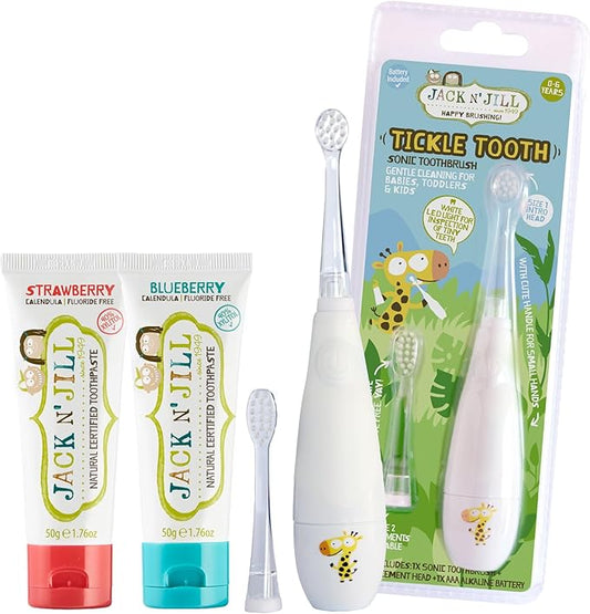 Jack N' Jill Tickle Tooth Toddler Toothbrush & Toothpaste Set - Baby Electric Toothbrush, Natural Toothpaste for Kids, Made for Tiny Teeth, Organic Fruit Flavor (Strawberry & Blueberry)