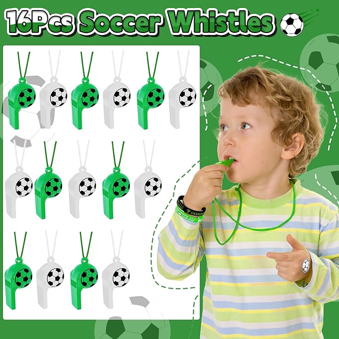 98Pcs Soccer Party Favors, Soccer Drawstring Bags with Silicone Bracelet Soccer Whistles Stickers Soccer Goodie Bags for Soccer Party Decorations Supplies