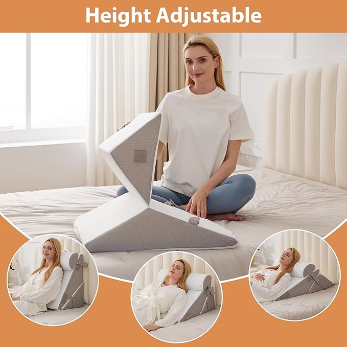 3PCS Wedge Pillow Set for After Surgery, Wedge Pillow for Acid Reflux Relief, Bed Wedge Pillow With Adjustable 9&12inch for Headboard,Sleeping, Orthopedic Memory Foam for Neck&Back Support, White/Grey