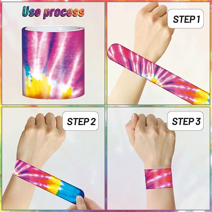 60PCS Tie Dye Party Favors Slap Bracelets, Groovy Wristbands Bracelets Goodie Bag Fillers for Tie Dye Birthday Decorations Supplies for Boys and Girls kids Adults