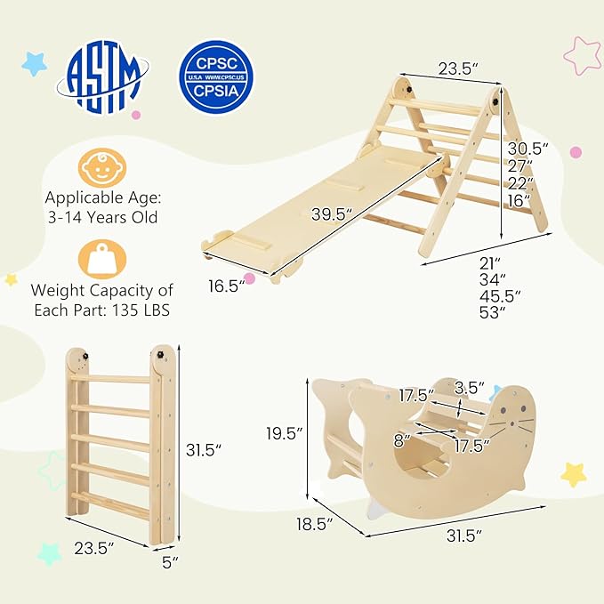 Costzon Climbing Toys for Toddlers, Foldable Montessori Wooden Arch Climber Ladder with Sliding Ramp, Play Table, Multi-Combination Methods, Kids Triangle Climber Play Gym Set for Boys Girls Present