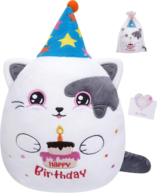 Birthday Stuff Cat Plush Gift - Adorable Blue White Cat Stuffed Doll, Cute Birthday Hat and Cake, Soft Huggable for Kids' Gifts, Cute Decor, 8 Inch