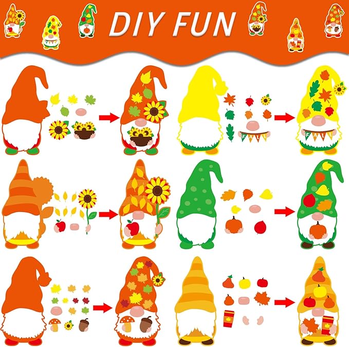 36 Sets Thanksgiving Fall DIY Art Craft Kits Gnome Ornaments Art Sets Fall Leaf Stickers Arts and Crafts Bulk for Kids Classroom Activities Party Decorations