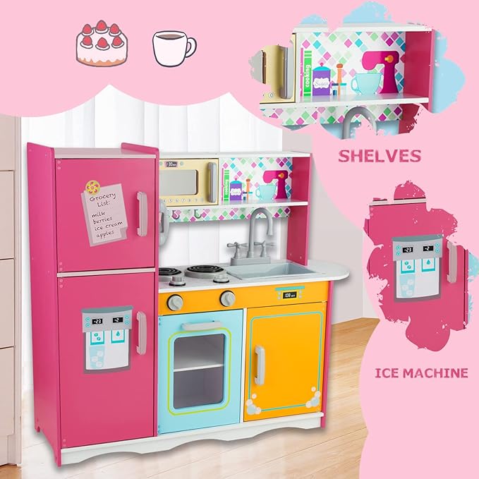 Kitchen Playset for Kids Ages 3-8, Wooden Pretend Play Kitchen, Including Telephone, Ice Maker, Refrigerator, Dimensions: 35” H x 31” W x 12” D (Colorful)