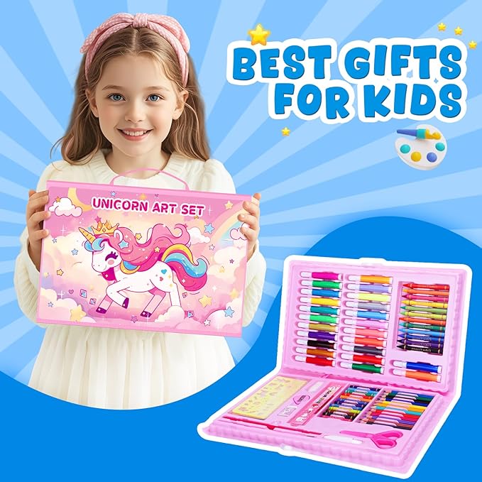 homicozy Art Supplies, Unicorn Drawing & Coloring Set with Crayons, Colored Pencils, Markers, Sketchbook, Watercolor Cakes, Stencils, Arts and Crafts Painting Kit for Kids Ages 4-10, Girls Boys Gift
