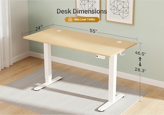 Seang Electric Height Adjustable Standing Desk, 55 x 24 Inch Sit-Stand Desk with T-Shaped Frame, 3 Memory Presets & Cable Management for Home Office Computer Workstation, White Frame/Nature Top
