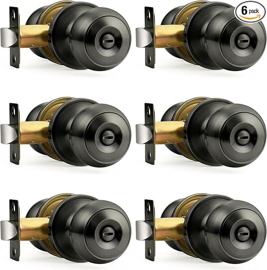 Probrico Satin Gunmetal Door Knobs for Bedroom Bathroom, Interior Door Knob with Round Ball, Grey Privacy Door Knob, 6 Pack