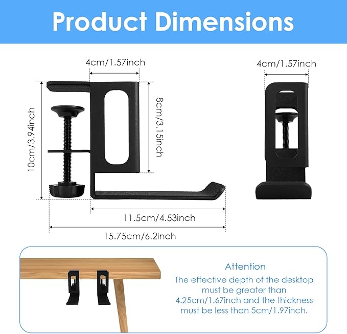 Desk Side Laptop Stand, Vertical Desk Side Laptop Holder with Headphone Stand, Adjustable Length Mount Storage Rack, No Drill Clamp Organizer for Laptops, Tablets, Keyboards (Black)