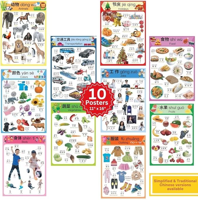 N/A/ Chinese Learning 10-Poster Set for Kids. Montessori-Inspired. Bilingual with Simplified Chinese, English, and Pinyin.