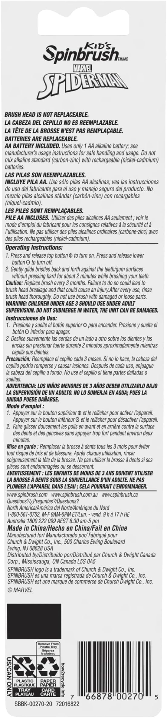 Arm & Hammer Kid’s Spinbrush Spiderman Powered Toothbrush, 1 Count (Pack of 2)