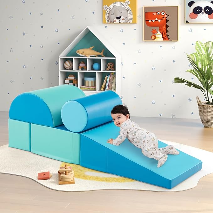 HONEY JOY 5-Piece Climb and Crawl Playset, Soft Climbing Foam Block Activity Play Structure Gym Equipment for Infant Baby, Color Coordination, Waterproof Indoor Climbing Toys for Toddlers (Blue)