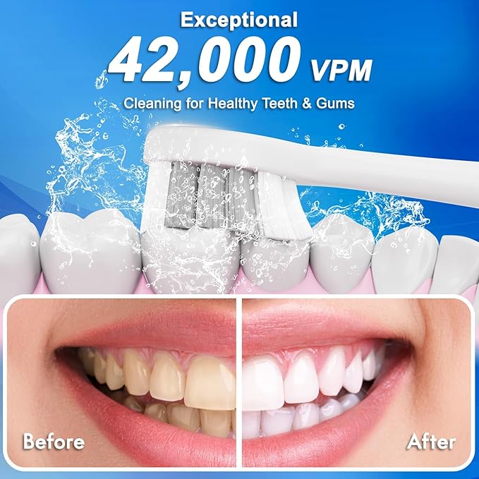 Electric Toothbrush, 10 Brush Heads & Travel Case, 42,000 VPM Electric Motor & Wireless Charging, 5 Modes with Smart Timer, Ultra Whitening Toothbrush for Adults and Kids
