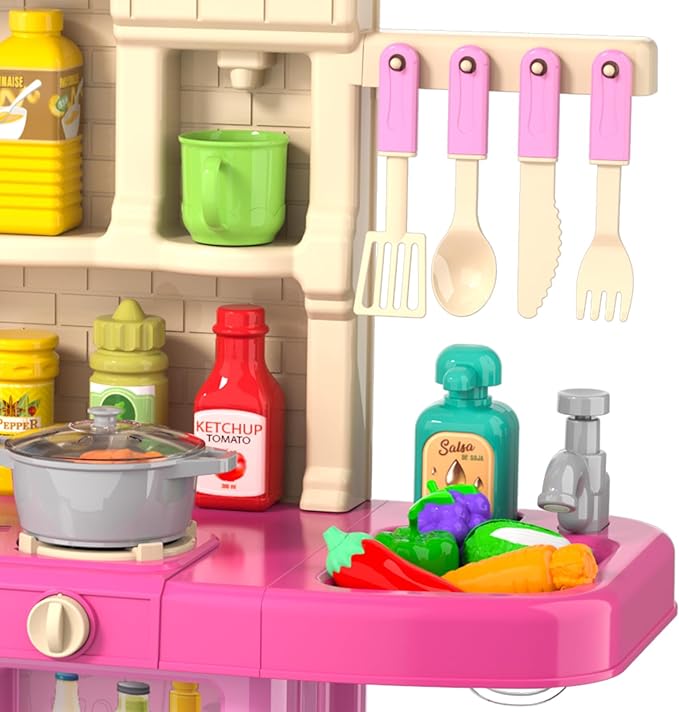 Kids Play Kitchen Playset for Toddlers Girls, Toy Kitchen Sets Pretend Play Food Toy with Chair for Girls Kids Ages 3-8, with Light Sound Spray