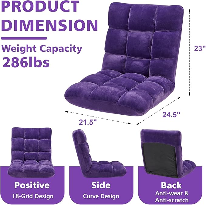 Folding Floor Chair 14-Position Cushioned Adjustable Floor Lazy Sofa Chair w/Breathable Cotton & Skin-Friendly Flannel for Adults & Kids Ideal for Reading Meditating, Purple