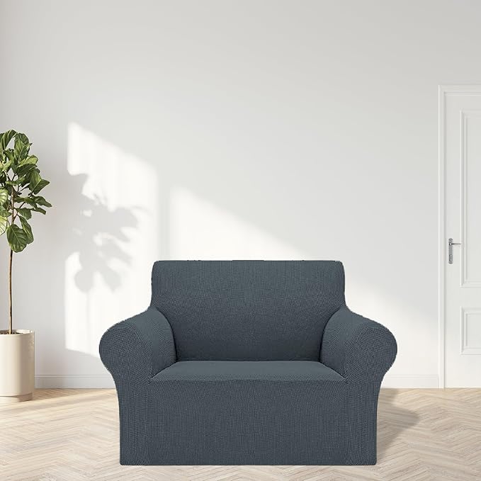 2025 New Stretch Chair Sofa Slipcovers Couch Cover for 1 Seater Furniture Protector Sofa Covers with Elastic Bottom Jacquard Fabric Small Checks for Pets, Kids - Grey