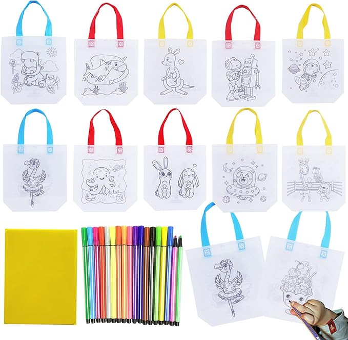 65 Pack Graffiti Goodie Bags for Kids Birthday Party Favors Art Class, Color Your Own Tote Bag,Eco Reusable Coloring Carnival Animal Art Party Goodie Bags(40 Bags +24 Color pens +1 pad)