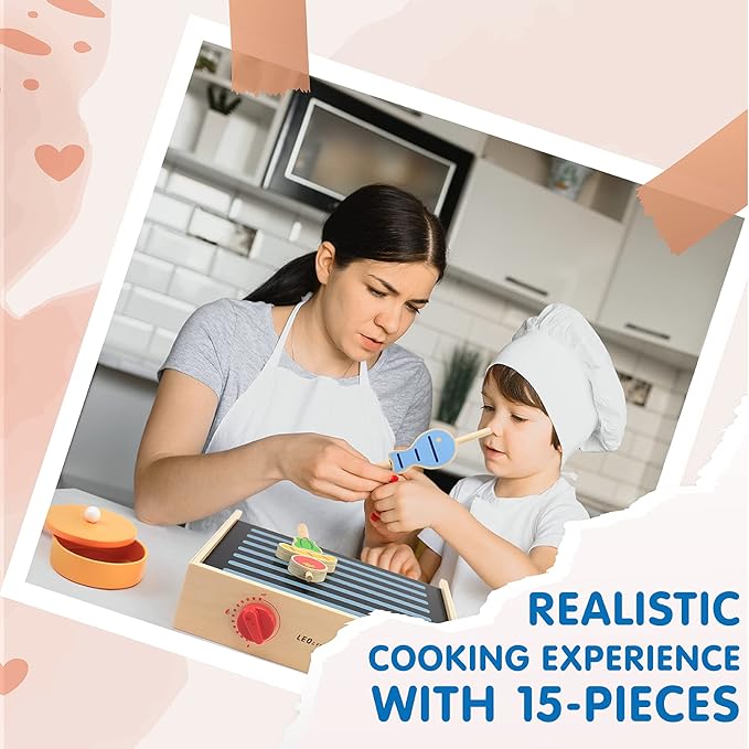 Leo & Friends 2-in-1 Mini Kitchen Wooden Play Set with 15-Pieces - Play-Pretend Toddler Toy for Girls and Boys Aged 24-Months and Older - Educational Kids Toy