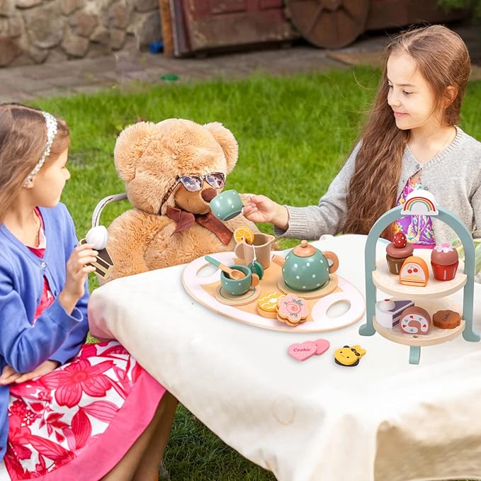 Atoylink Wooden Tea Party Set for Little Girls 28 Pcs Toddler Tea Set with Cupcake Stand & Food Pretend Play Accessories Kids Kitchen Playset Wooden Toys for 2 3 4 5 6 Year Old Girl Birthday Gift