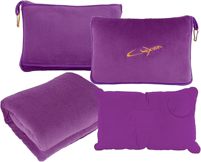 CLEXION Travel Blanket & Pillow Set, 300 GSM Soft Fleece, 60x43 Inches, 3-in-1 Airplane Blanket, Travel Pillow and Blanket Set, Travel Blanket Airplane Compact with Bag, Travel Essentials, Violet