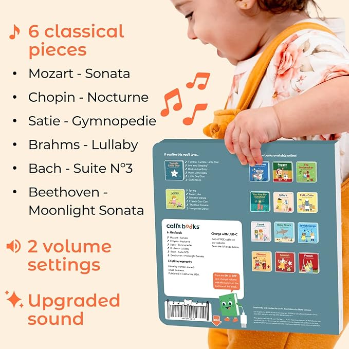 Cali's Books Bedtime Musical Book for Babies and Toddlers 1-3 – USB-C Rechargeable – 6 Classical and Relaxing Pieces | Sound Book for Sleep & Relaxation