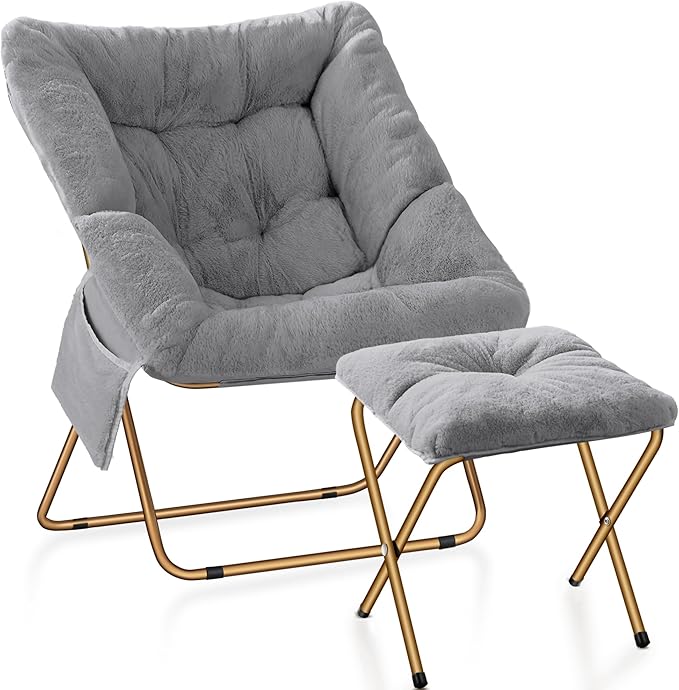 Comfy Saucer Chair, Foldable Living Room Chairs, Soft Faux Fur Lounge Chair for Bedroom, Reading Chairs for Adults, Kids, X-Large (Grey)