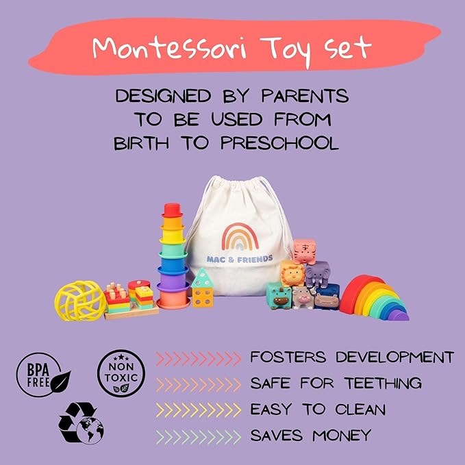Mac & Friends 5-in-1 Montessori Toy Set Designed by Parents | Great Gift for Baby Shower, New Sibling or Birthday Party | Educational Soft Sensory Toys for 0 Months to 3+ Years