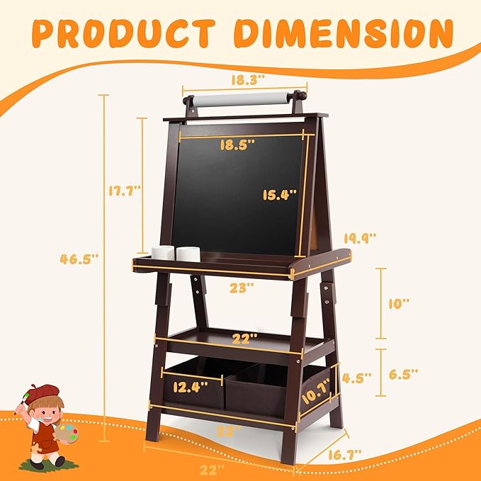 Elevon Art Easel for Kids, Wooden Kids Easel 3 in 1 Adjustable Double Sided, Whiteboard, Chalkboard & Paper Roll, 2-Tier Rack w/ 2 Storage Boxes, Standing Easel for for Painting & Drawing
