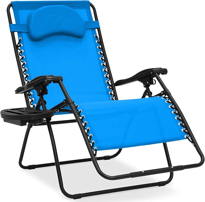 Best Choice Products Oversized Zero Gravity Chair, Folding Outdoor Patio Lounge Recliner w/Cup Holder Accessory Tray, Pillow - Light Blue