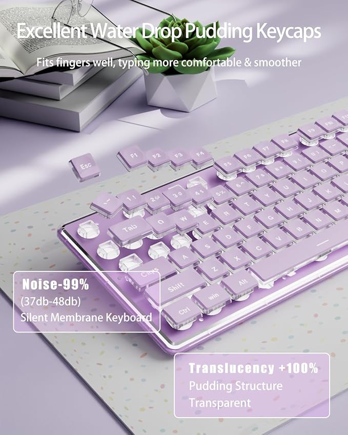 EWEADN GX710S Backlit Computer Keyboards, Wired USB Keyboard with White Backlit, Metal Panel, Plug and Play, Pudding Keycaps Full Size Quite Computer Keyboard for Win/PC/Laptop-Purple