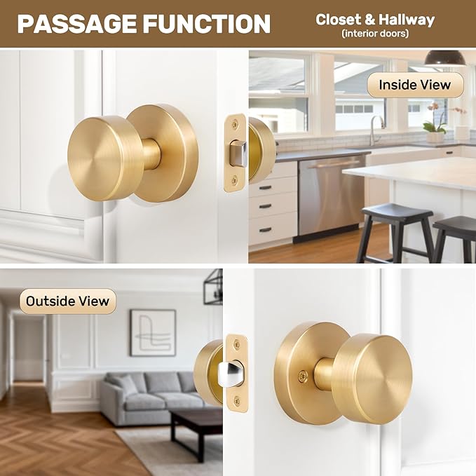 Satin Brass Door Knob Passage Door Knobs Interior Brushed Brass Closet Door Knobs Modern Round Gold Door knob Indoor for Closet Hallway
