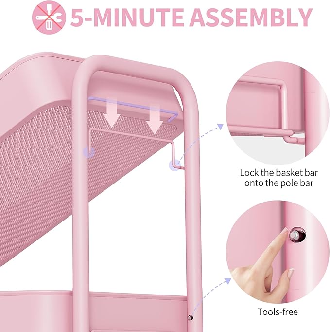 TOOLF 4-Tier Metal Rolling Cart with Wheels, Storage Utility Organizer Cart for Kitchen, Bathroom, Office, Baby Essentials & Makeup - Lockable Casters, Easy Assembly, Large Capacity, Pink