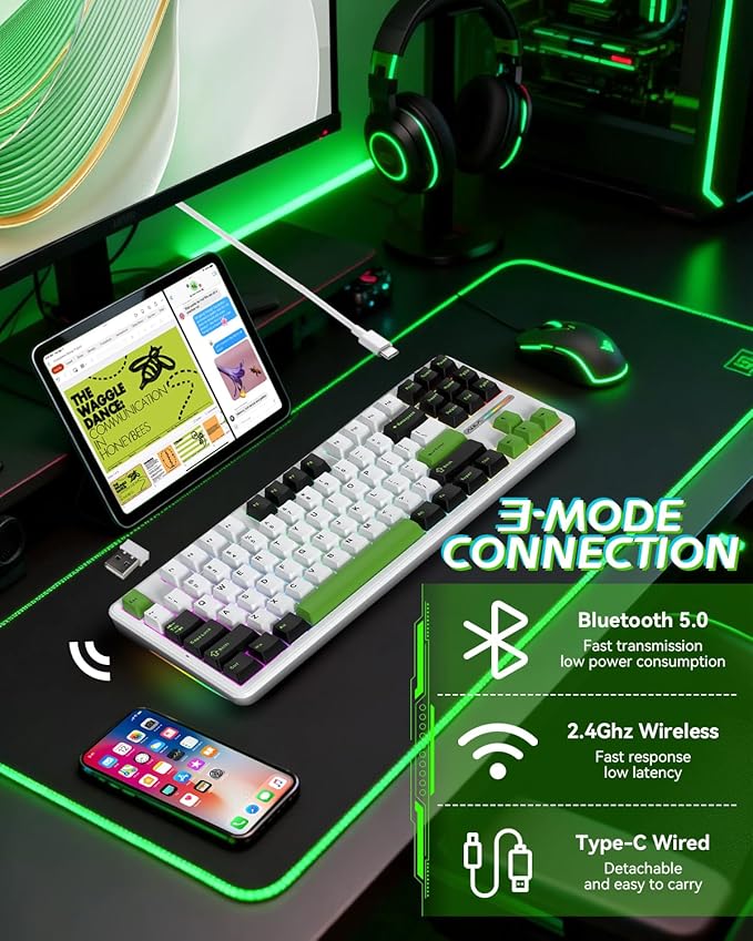 Aula F87 Pro Gaming Keyboard, Tri-Mode BT5.0/2.4GHz/USB-C Hot-Swappable RGB Wireless Mechanical Keyboard, Gasket Mount, 4000mAh, for Windows/Mac Gamer & Typists（LEOBOG Gray Wood Switch V4）