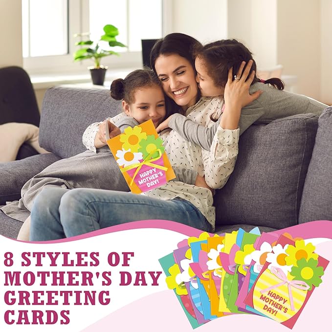 Geyee 16 Sets Mother's Day Greeting Card Kit for Kids Flower Pots Card Making Kit with Ribbon Happy Mothers Day DIY Art and Craft Projects Gifts for Kids Classroom Game Home Activities
