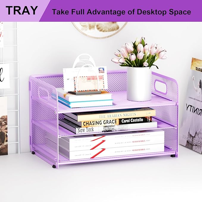 3 Tier Paper Letter Tray Organizer for Desk, Mesh File Folder Document Organizer with Handle for Home Office Supplies Desktop Accessories, Purple