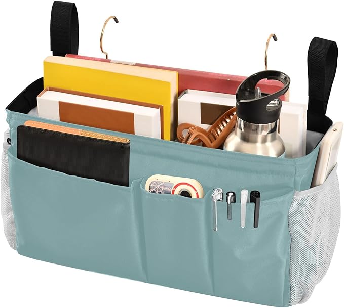 Teal Bedside Caddy Storage Bag Bedside Organizer for Bunk Bed Headboards College Bedside Shelf Hanging Organizer 6 Pockets with Hooks for Glasses Book Tablet Holder