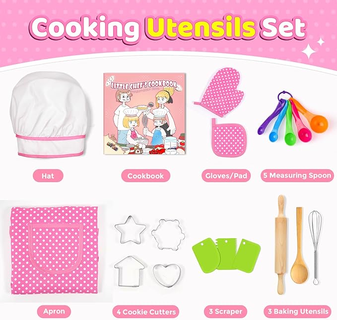 Kids Apron Kitchen Toys 20Pcs: Educational Toys Cooking Baking Set with Cookbook, Kids Chef Hat Role Play Dress up Clothes, Ideal Easter Birthday Toys Gift for 3-8 Year Old Girl Toddlers