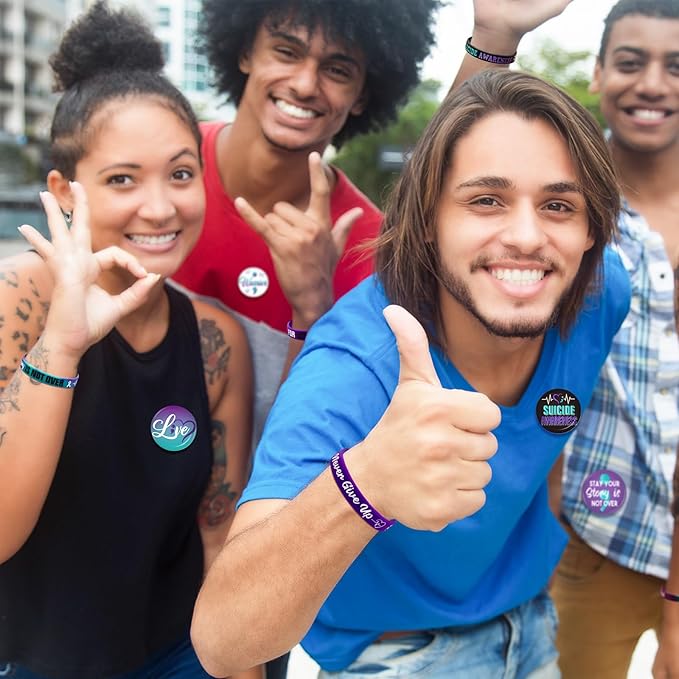 60 Pcs Suicide Prevention Awareness Accessories Bulk Include 30 World Suicide Prevention Day Hope Faith Bracelets and 30 Teal Purple Ribbon Semicolon Round Badges for Suicide Awareness and Prevention