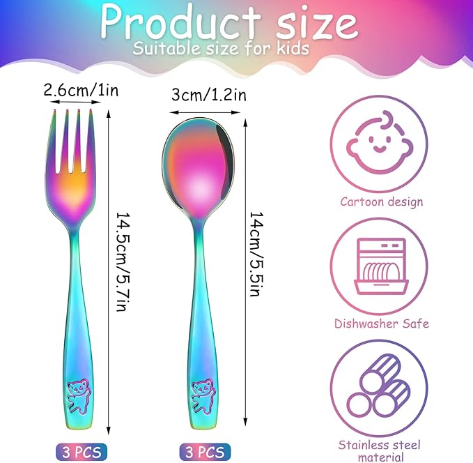 Pimoys 12 Pieces Toddler Utensils Kids Rainbow Silverware Set, Stainless Steel Childrens Safe Forks and Spoons, Metal Kids Cutlery Set, Dishwasher Safe