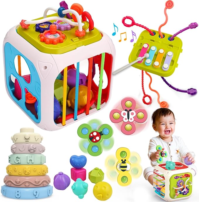 5 in 1 Montessori Baby Toys for 3+ Year Old - Sensory Bins Toys, Travel Pull String Toy & Shape Sorter & Stacking Building Blocks & Suction Cup Spinner Toys, Birthday for Baby