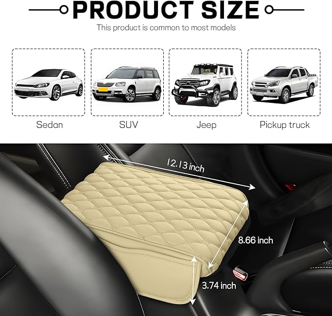 wuyaoyao Car Center Console Cover, 12.13"×8.66"×3.74" Leather Car Armrest Cover with with 2 Side Pockets, Memory Foam Soft Auto Armrest Cushion Pad, Universal Vehicle Arm Rest Protector (Beige)