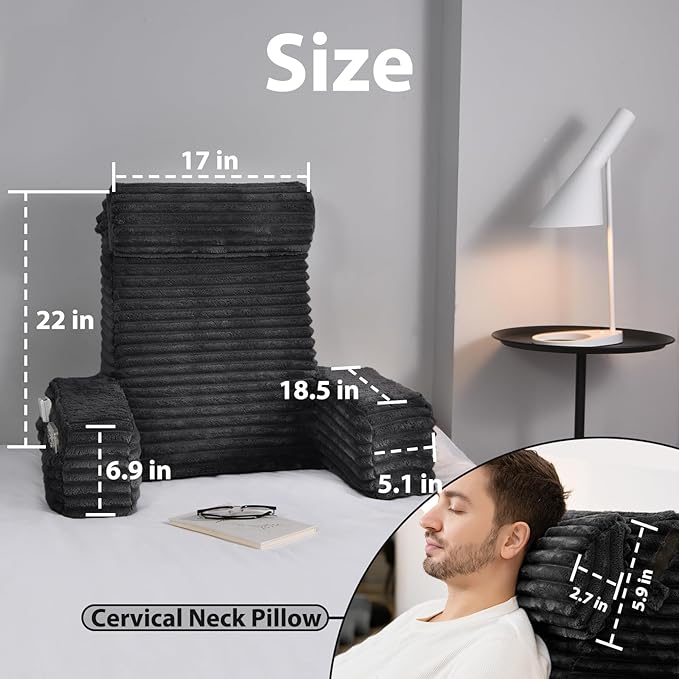 ENITYA 22" XL Ergonomic Bed Pillow for Sitting Up，Backrest Cushion for Reclining,Gaming,Resting,Watching TV,Recovery in Bed, Couch or Floor, Removable Cover, Black