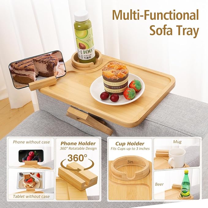Couch Arm Tray, Couch Arm Table with 360° Rotating Phone Holder & Cup Holder, Sofa Arm Tray for Easy Access, Couch Cup Holder for Snacks, Phone, Control, Cups