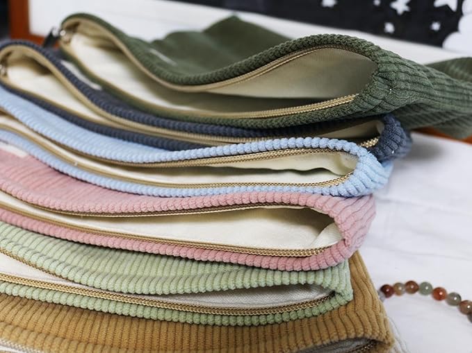 HAPPYHEIDI Navy Green Corduroy Makeup Bag Cosmetic Toiletry Travel Pouch, Make Up Accessory Purse Organizer, Canvas Lined