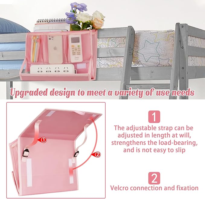 Bedside Caddy Bedside Storage Organizer Bedside Organizer with Power Strip Holder and 2 Adjustable Straps for Home Bunk Bed Dorm Sofa (Pink)