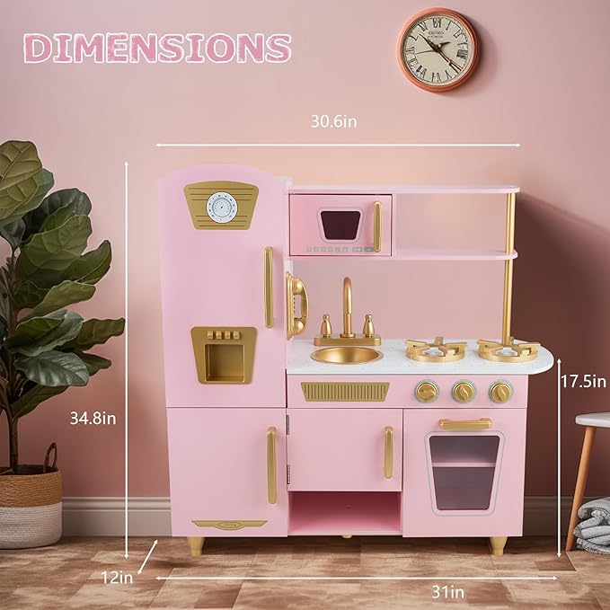 Kitchen Playset for Kids Ages 3-8, Wooden Pretend Play Kitchen for Toddlers, Including Telephone, Ice Maker, Refrigerator, Dimensions: 35” H x 31” W x 12” D (Pink)