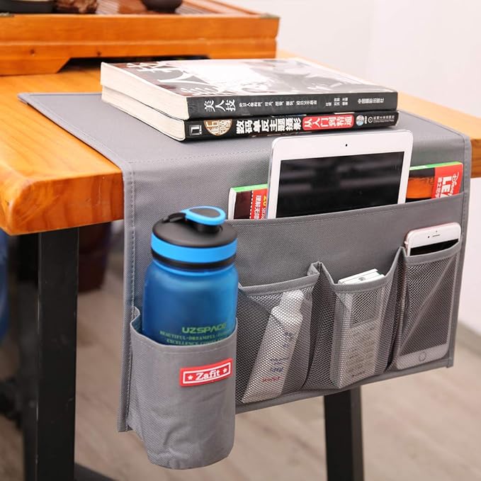 5 Pockets Bedside Caddy, Bedside Storage Organizer for Water Bottles, Magazines, Phone, Glasses (5 Pockets-Grey)