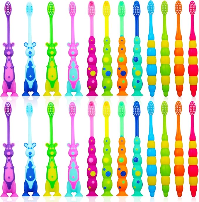 24 Pieces Toddler Toothbrush Bulk Kids Toothbrush Pack Manual Baby Toothbrushes with Covers Suction Cup Toothbrush Lovely Soft Bristle Animal Toothbrush for Kids Sensitive Teeth