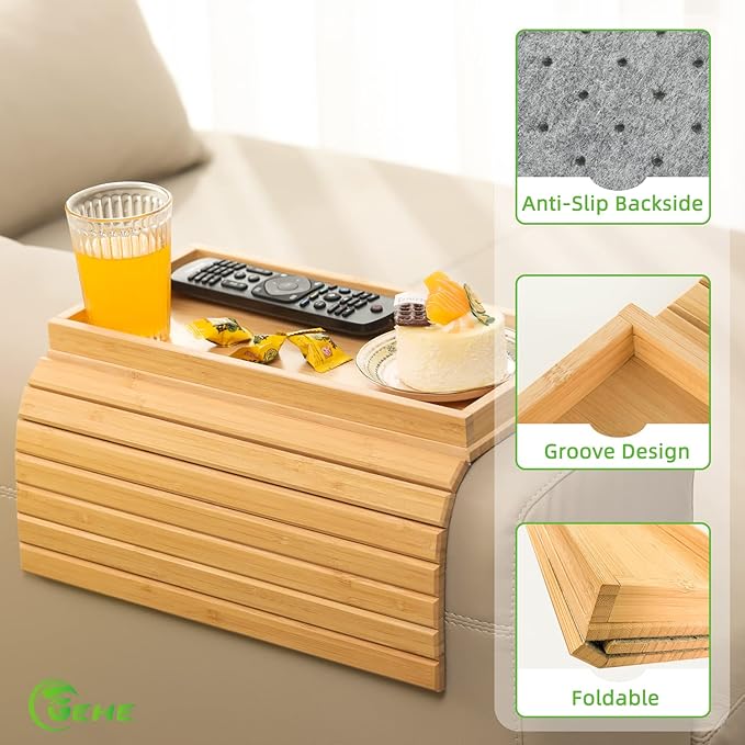 GEHE Bamboo Sofa Arm Tray, Foldable Couch Arm Tray Side Table, Anti-Falling Armrest Tables Cup Holder for Snacks, Drinks, Beers, Phone, Control, Flexible and Portable, Anti-Slip