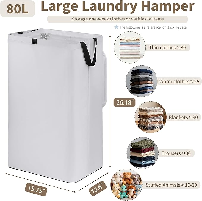 80L Large Laundry Hamper with Lid, Foldable Laundry Bag for Washing Machine with Removable Inner Bag, Dirty Hampers for Bedroom, Bathroom,Laundry Room, College (White)